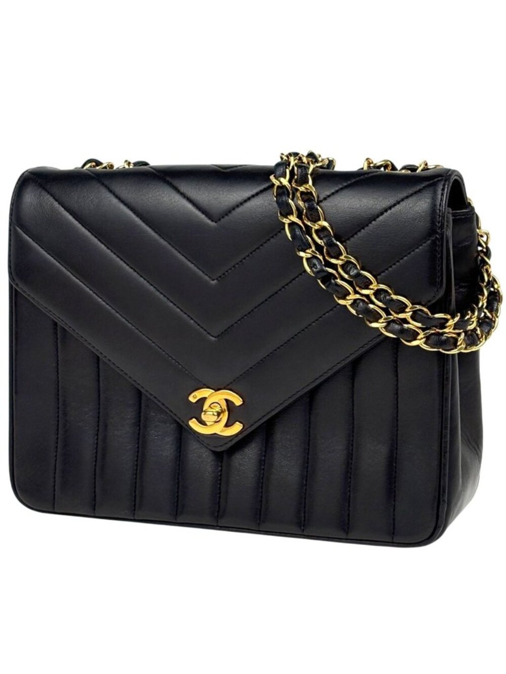 Chanel Shoulder Bag Stitch CC Logo Chain Chevron Mademoiselle Leather Black